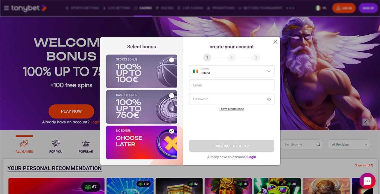 Sign Up at Tonybet casino