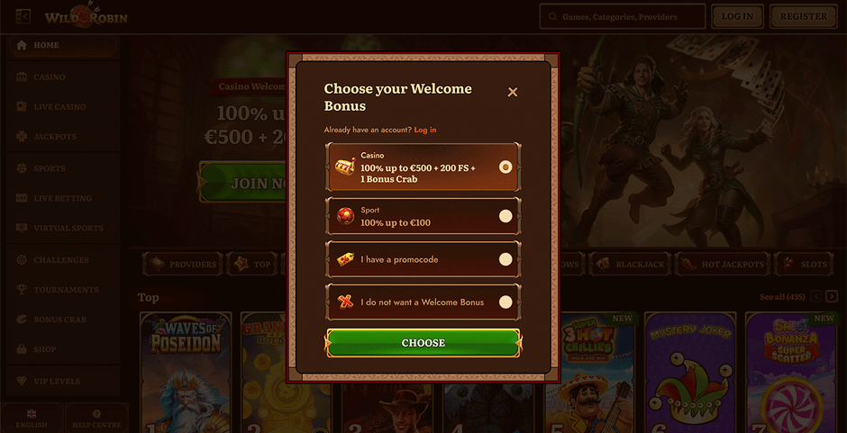 Register at Wild Robin casino